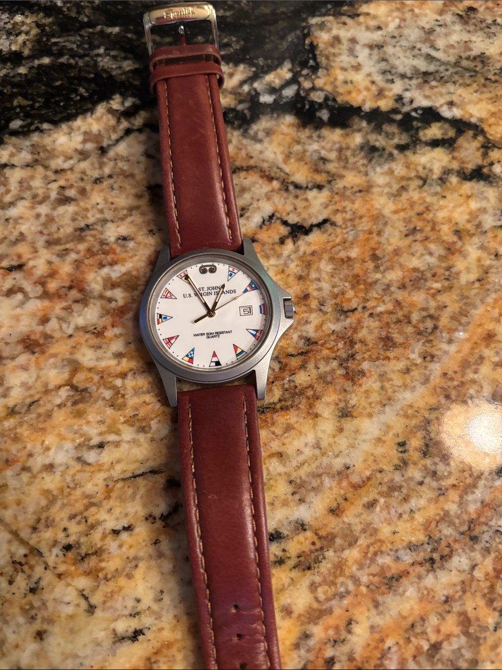 Brown Leather Strap Watch with White Dial and Nautical Markers